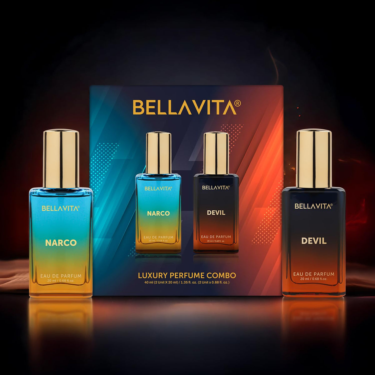 Bellavita luxury perfume combo with four bottles and a box on a dark background