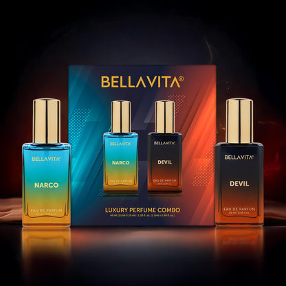 Bellavita luxury perfume combo with four bottles and a box on a dark background