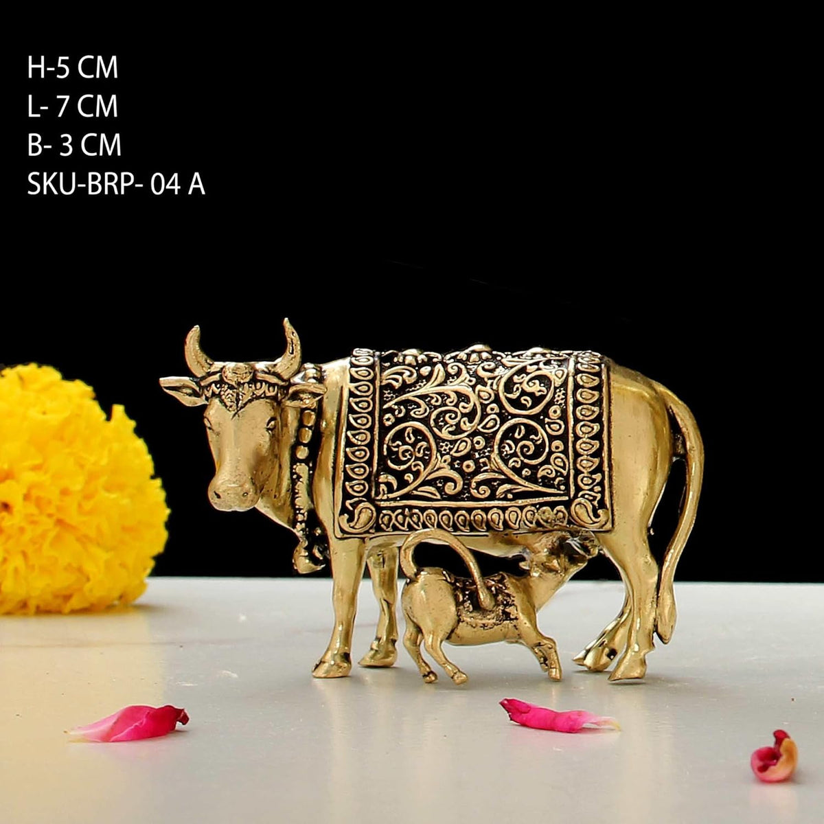 Handcrafted Brass Cow with Calf for Good Luck | 2" Kamdhenu Gau MATA Idol Spiritual Vastu Nandi Pooja Figurine Sculpture for Home and Office (Weight- 70gm)