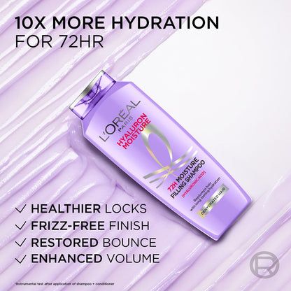 L'Oreal Paris Moisture Filling Shampoo, With Hyaluronic Acid, For Dry & Dehydrated Hair, Adds Shine & Bounce, Hyaluron Moisture 72H, 200ML.
