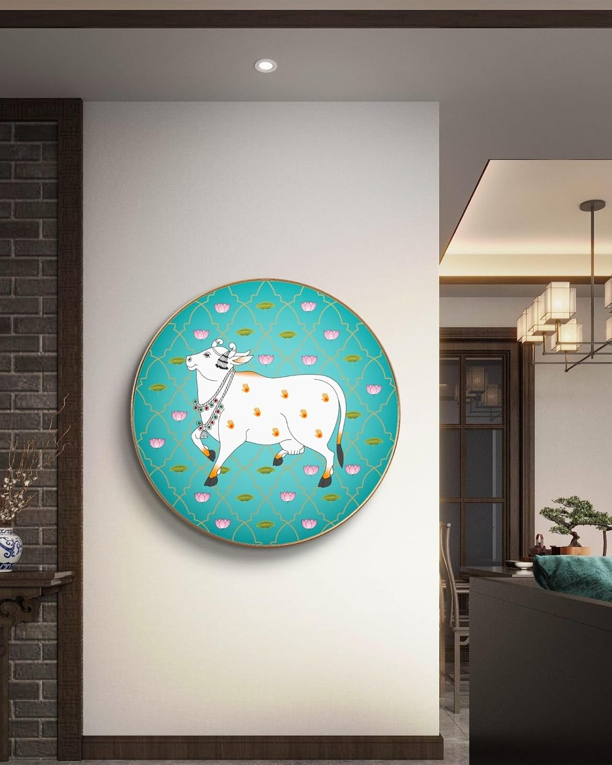 Beautiful Cow Pichwai Premium Sparkle lamination Golden Slim Frame 50.8 cm x 50.8 cm Large Size, For Home/Office/Hotel painting GRL-14