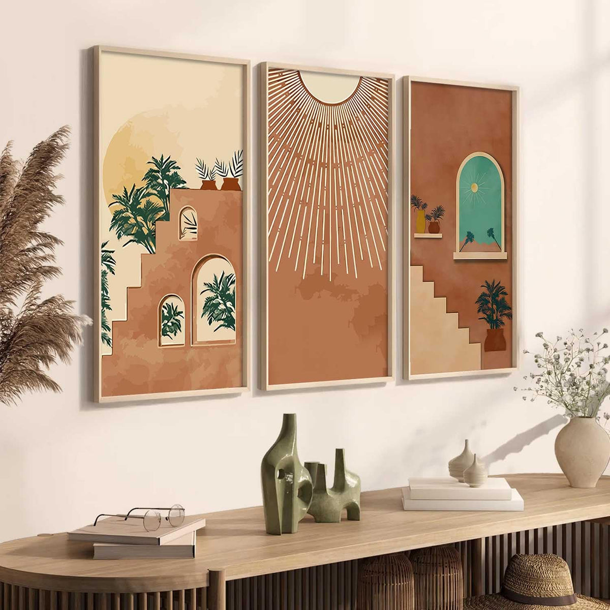 Boho Decorative Modern Wall Art Print With Frame Abstract Paintings For Living Room Bed Room Hotel Wall Decor Digital Reprint Engineered Wood Set of 3 (Art 4, 10x19 inch)