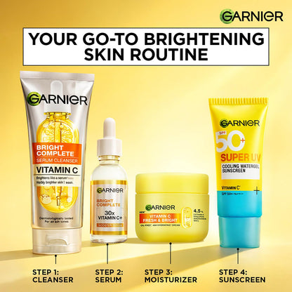 Garnier skincare products with step-by-step instructions on a yellow background