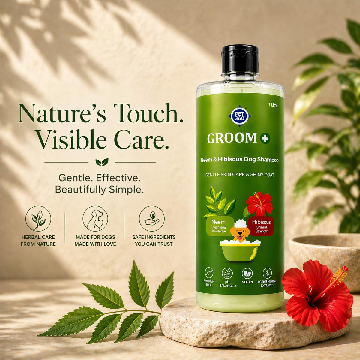 PET360 Groom+ Neem Hibiscus Oatmeal Dog Shampoo 200ml | Vegan Cruelty-Free | Non-Toxic pH Balanced | Phthalate & Paraben Free | Natural Pet Grooming