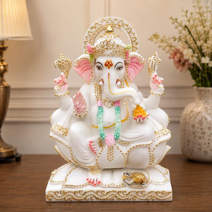 White Marble Dust Ganesh Idol 6 Inch – White Ganpati Bappa Murti for Home Temple, Living Room, Office Decor & Spiritual Gift