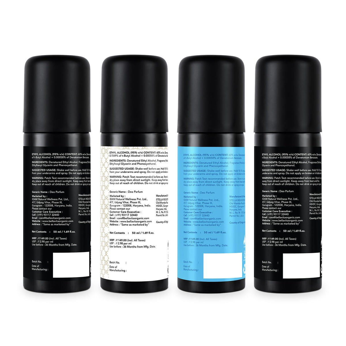 Four black cylindrical containers with labels on a white background