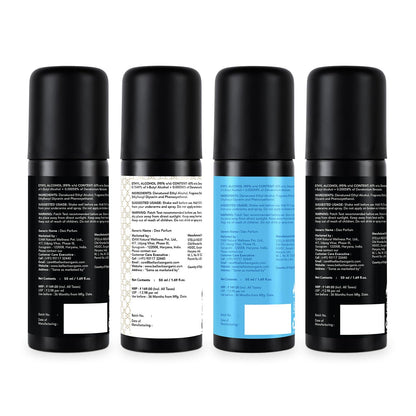 Four black cylindrical containers with labels on a white background