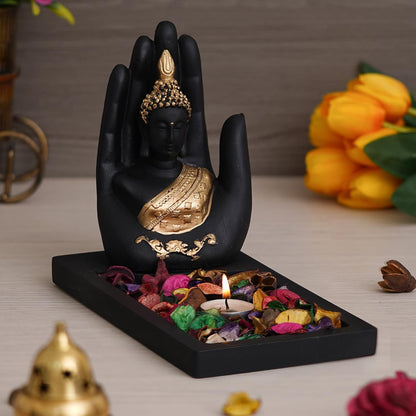 eCraftIndia Black Golden Resin Palm Buddha Idol Showpiece Potpourri Tea Light Candle Holder| Lord Buddha Statue Tea Light Holder| Diwali Decoration Items for Home Decor| Gift for Diwali Housewarming