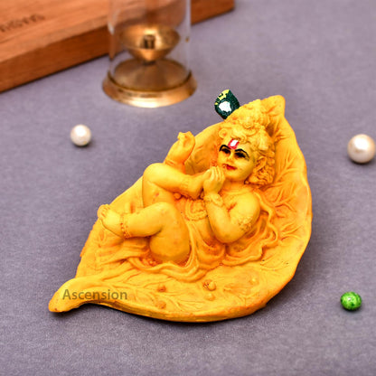 Leaf Lord Krishna Murti Polyresin Statue for Gift Pooja Home Decor,Office Decor Car Dashboard Idol Figurine Showpiece Sculpture Hindu Diwali Gifts