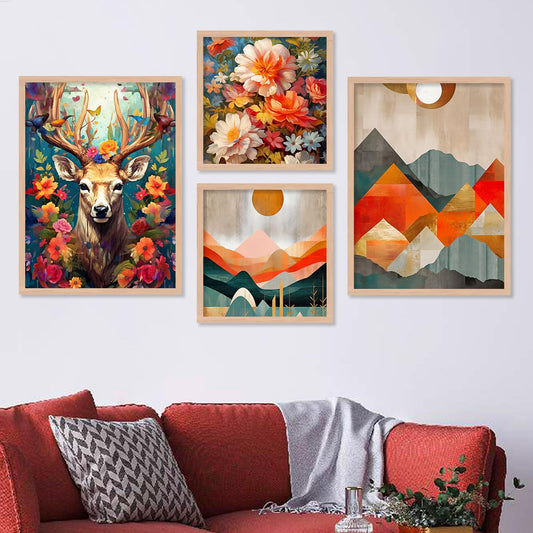 Premium Digital Paintings with Frame for Home Decoration - Painting for Living Room Bedroom Office - Painting for Wall Decoration - Pack of 4 (F)