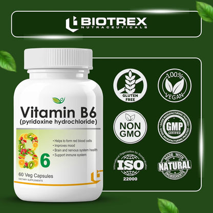 Biotrex Nutraceuticals Vitamin B6 (Pyridoxine Hydrochloride) Supplement | 60 Veg Capsules