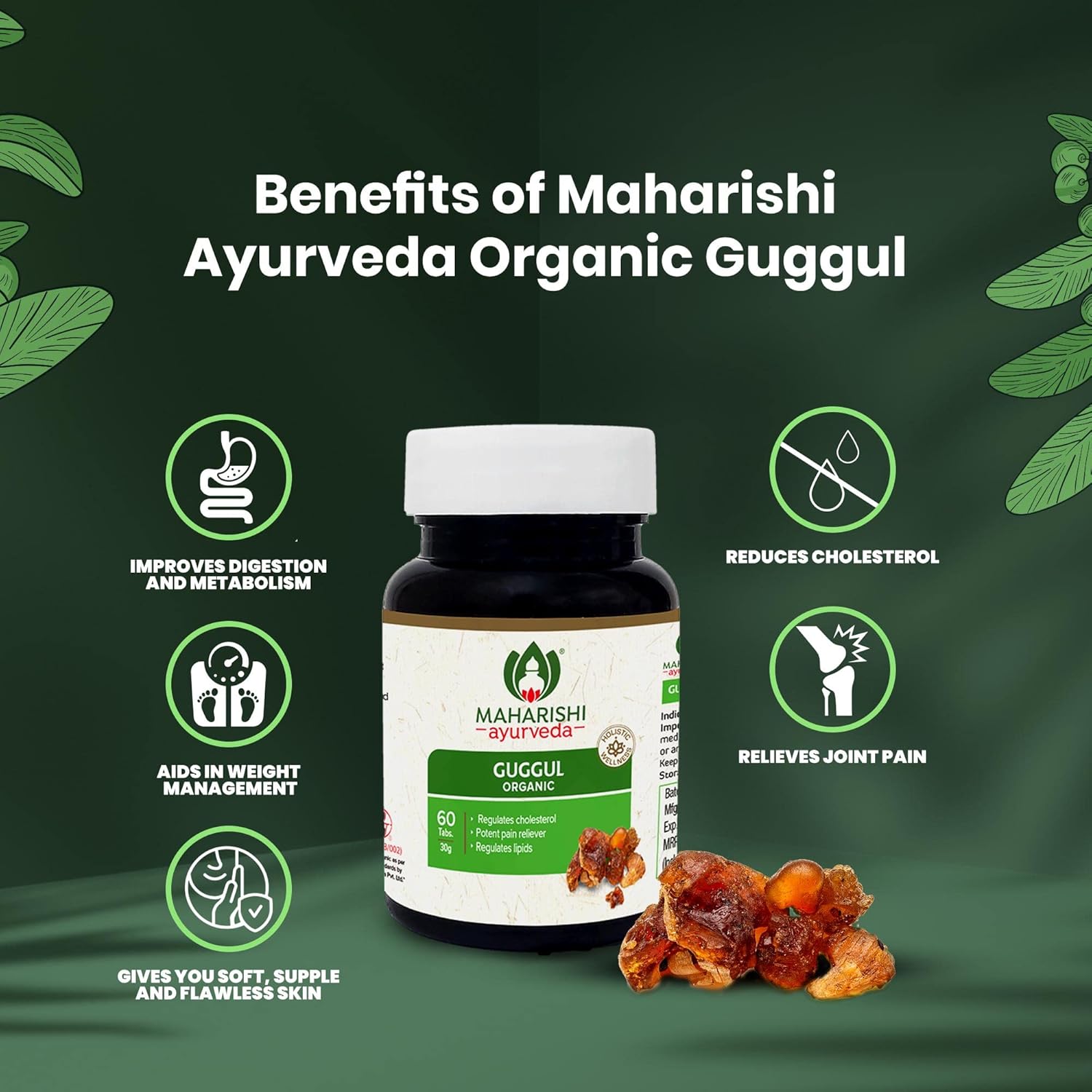 Zephivo Maharishi Ayurveda Organic Guggulu Tablets | Supports Healthy Cholesterol Levels & Digestion| Joints Detoxification | Weight Management | Antioxidant - 60 Tablets
