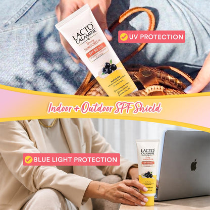 Lacto Calamine Dewy Glow Lightweight Sunscreen SPF 50 PFA +++ UVA & UVB Protection-Oily Skin | Acai Berries, Niacinamide & Watermelon | Dermatologically Tested | 50g