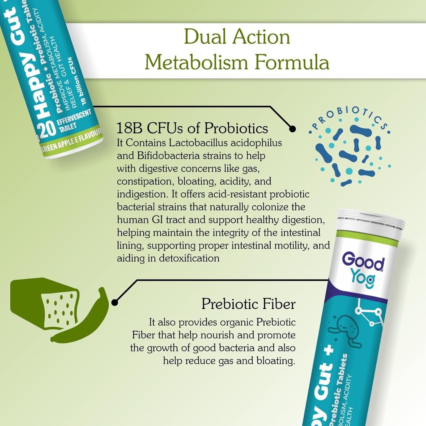 GoodYog Probiotics + Prebiotics Effervescent Tablets with No Added Sugar | For Acidity Relief, Gut Helath & Improved Metabolism | 18 Billion CFU Soy Free, Gluten Free Supplement for Men & Women - 20 Tablets