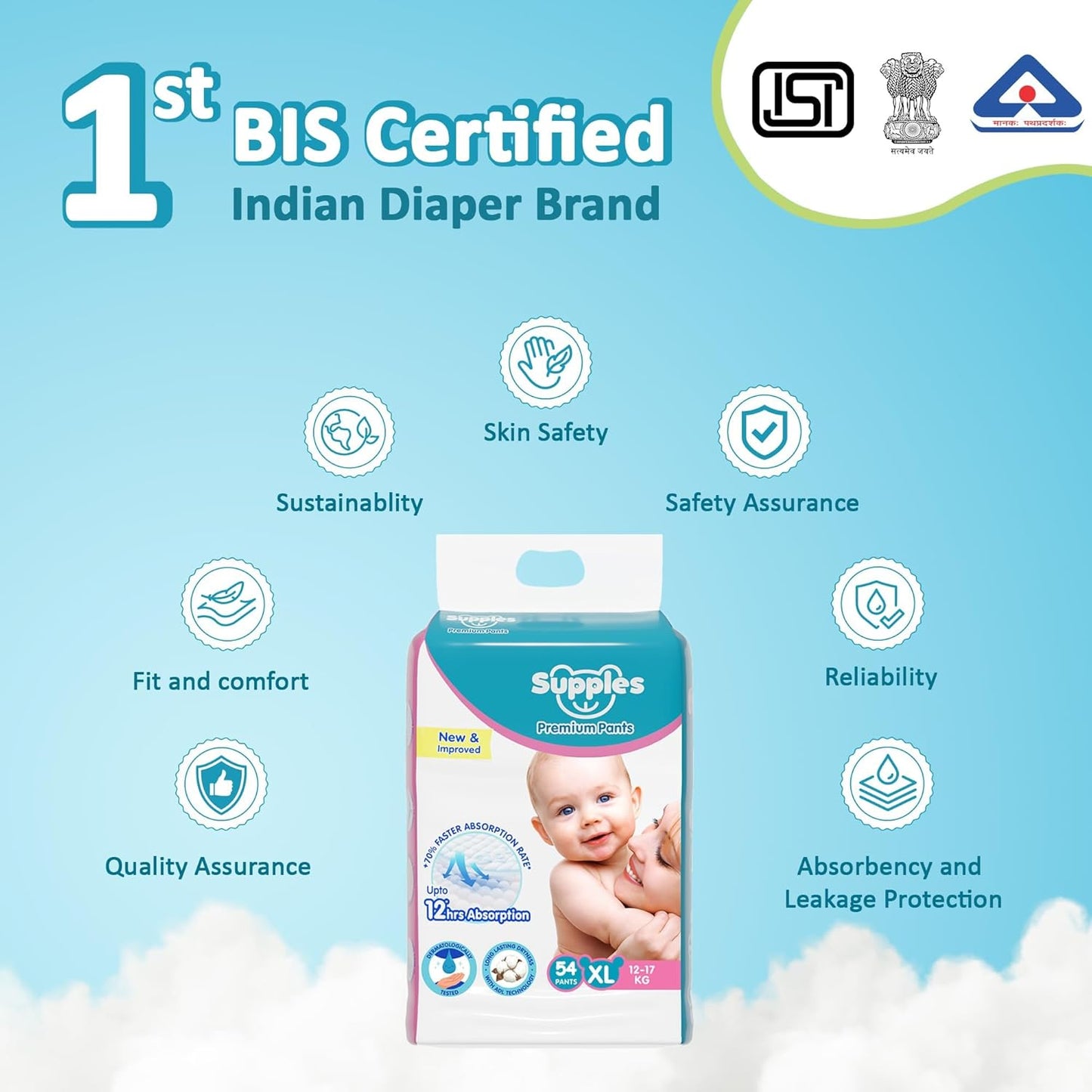 Supples Premium Baby Diaper Pants | 54 Baby Diapers | XL | 12-17 Kg | 12 Hrs Absorption | Cushiony Cotton Soft Fabric | Phthalates-Free | Triple Leak Guard