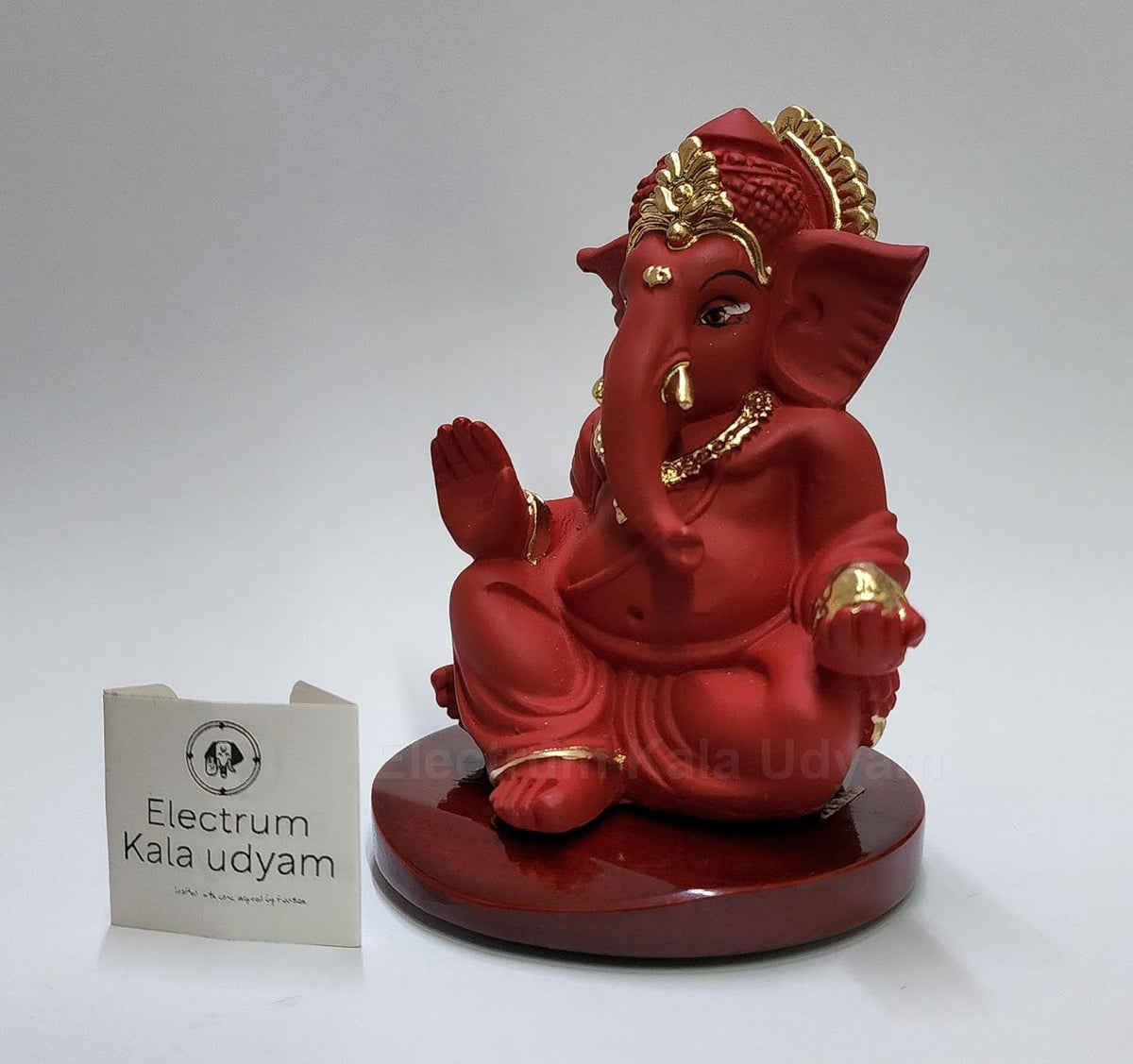 Handcrafted Poly Resin Ganesha Statue with Base - Perfect for Car Dashboard, Office Desk, Shelves, and Home Decor - Ideal Housewarming Gift! (GaddiRedwithbase)