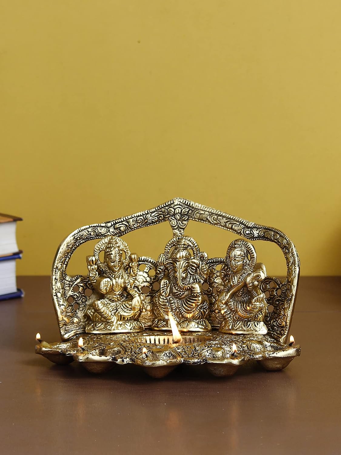 Laxmi Ganesha Saraswati with Diya for 6 Wicks Handcrafted Metal Decorative Showpiece,Gold
