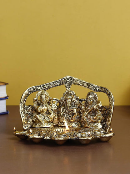 Laxmi Ganesha Saraswati with Diya for 6 Wicks Handcrafted Metal Decorative Showpiece,Gold