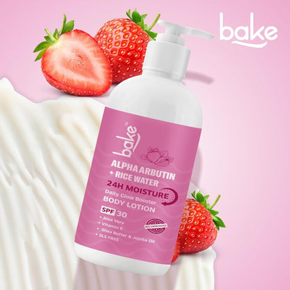 BAKE Alpha Arbutin Rice Water Body Lotion SPF 30 PA+++ for Pigmented & Tanned Skin | For Uneven Skin Tone, Tan Removal & Pigmentation | For Women & Men | 200ml