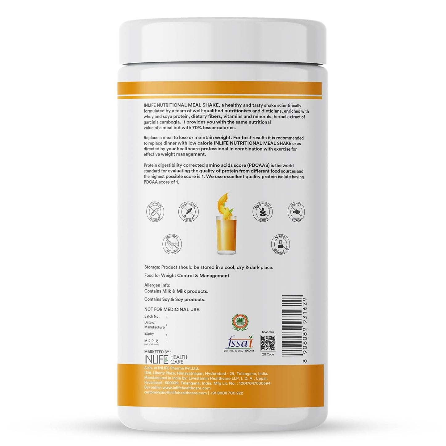 INLIFE Meal Replacement Shake | Nutritional Meal Protein Shake | Sugar Free, 20g Protein, 5g Fiber, 207 Calories, 500g (Mango)