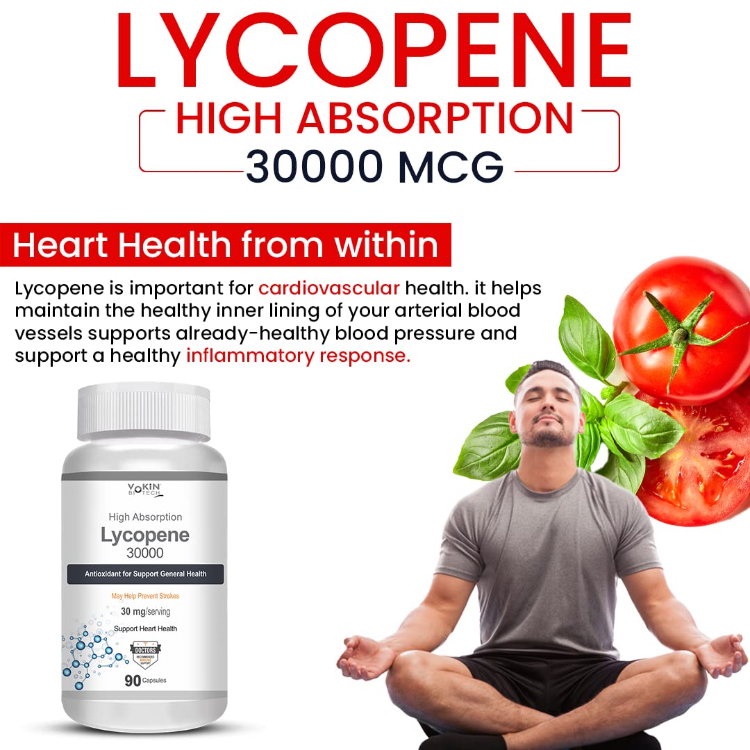 Lycopene supplement bottle with a man meditating, tomatoes, and text about heart health.