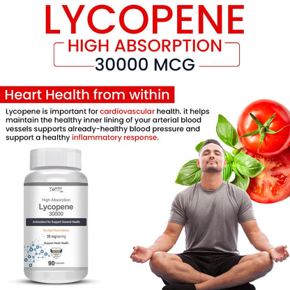 Lycopene supplement bottle with a man meditating, tomatoes, and text about heart health.