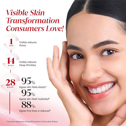 Advertisement for skin transformation product showing a woman's face with text highlighting benefits.