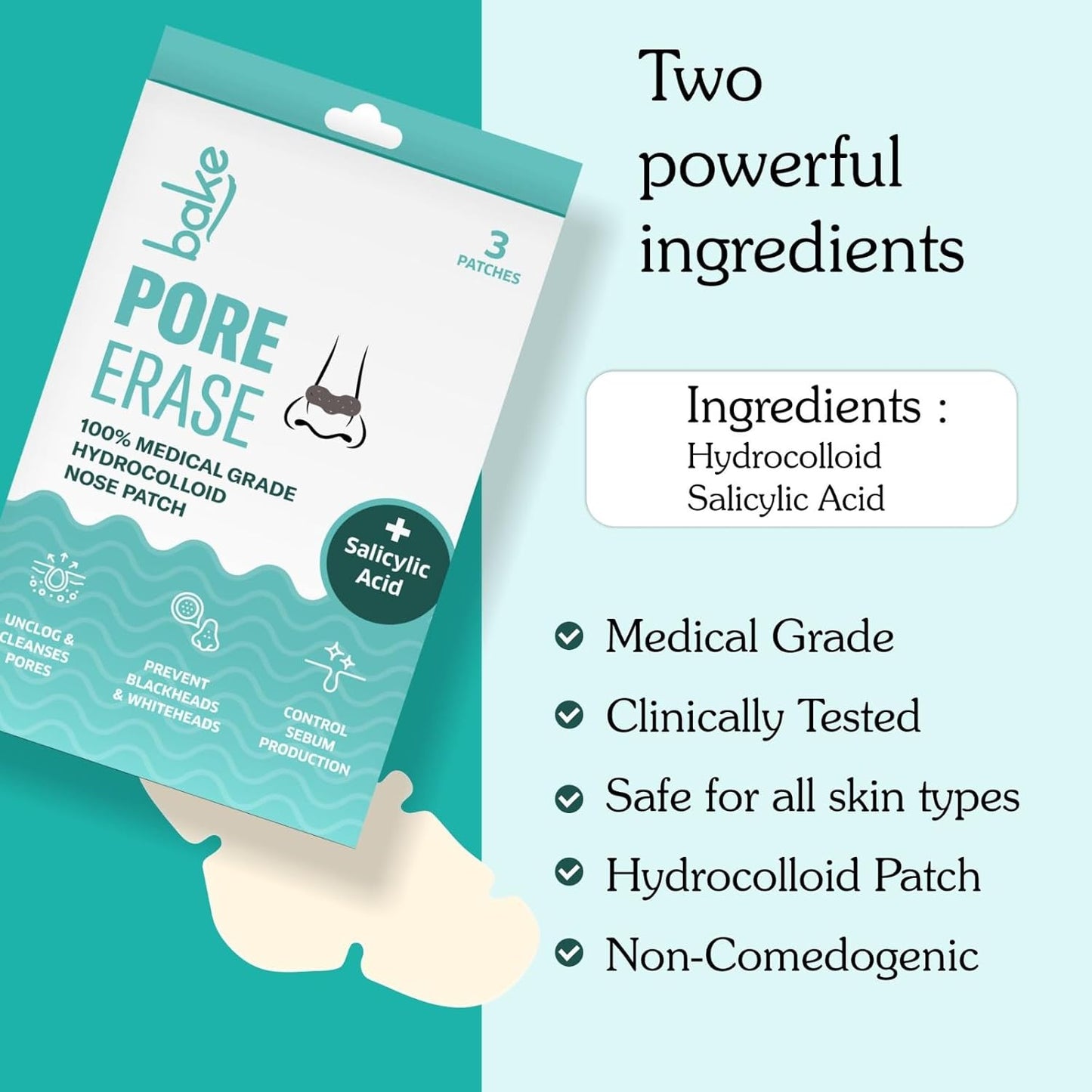 BAKE 2% Salicylic Acid Nose Strips for Pore Cleansing & Blackheads Removal | Hydrocolloid Nose Strips for Control Sebum Production