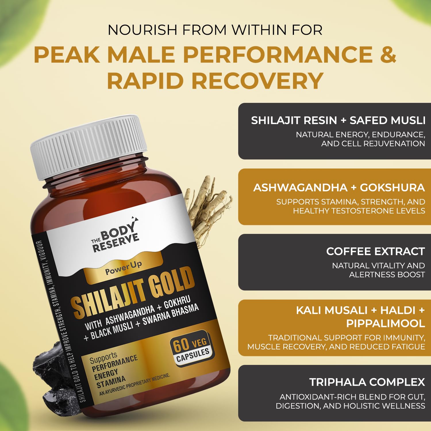 Supplement bottle labeled 'Shilajit Gold' with ingredients listed on a beige background