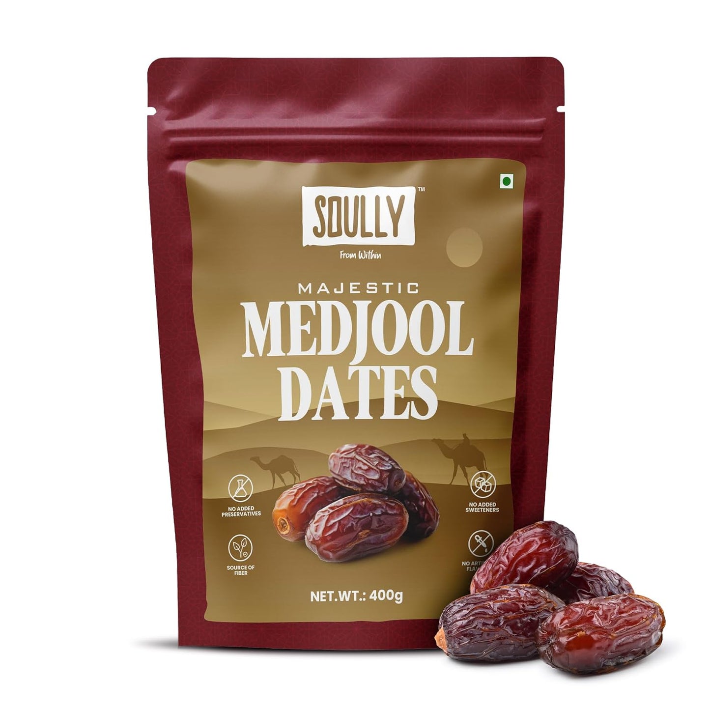 Soully Medjool Dates 400g | Premium Soft & Juicy Medjoul Khajoor | High in Fibre | No Added Sweeteners or Preservatives | Healthy Snacks | Healthy Dates for Snacking & Recipes | Dry Fruits