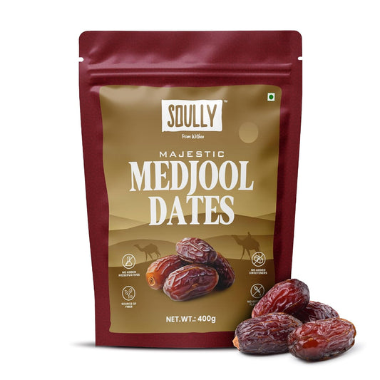 Soully Medjool Dates 400g | Premium Soft & Juicy Medjoul Khajoor | High in Fibre | No Added Sweeteners or Preservatives | Healthy Snacks | Healthy Dates for Snacking & Recipes | Dry Fruits