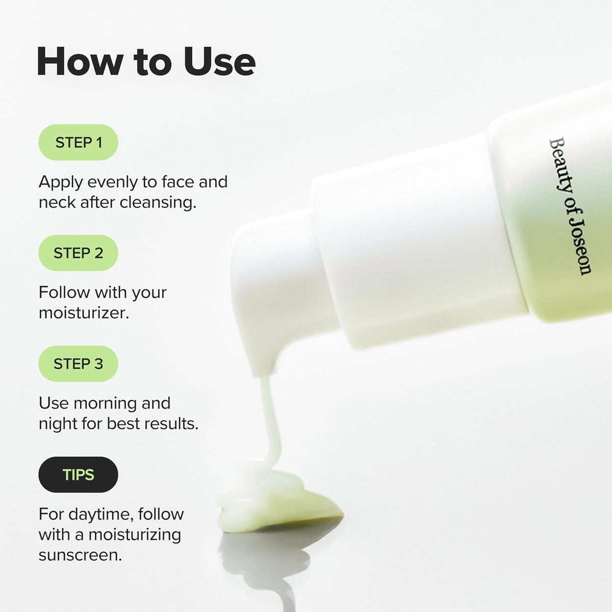 Instructions on how to use a skincare product with a close-up of the product and text overlay.