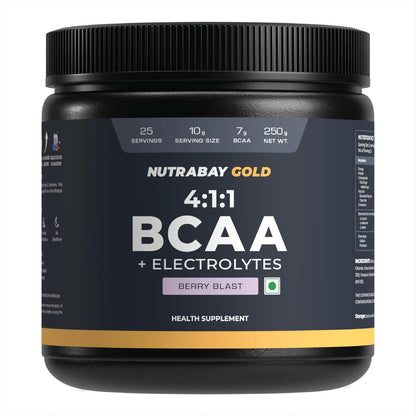 Black container of Nutrabay Gold 4:1:1 BCAA + Electrolytes supplement on a white background