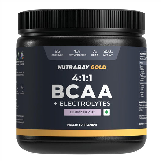 Black container of Nutrabay Gold 4:1:1 BCAA + Electrolytes supplement on a white background