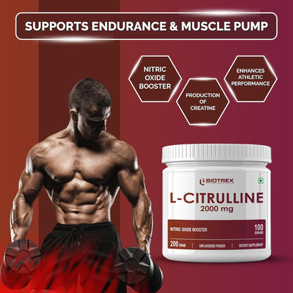 Biotrex Nutraceuticals L Citrulline Powder 2000mg | Supports Endurance & Muscle Pump | Production of Creatine | Enhances Athletic Performance | Unflavoured - 200Gram (100 Servings)