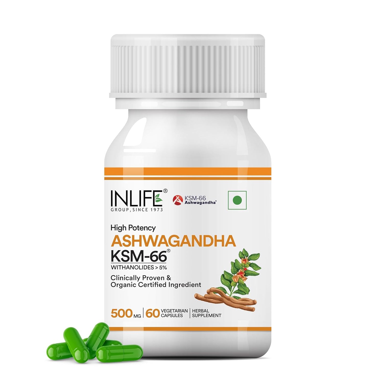 INLIFE Ashwagandha KSM-66 (500 mg) | 60 Capsules | Extra Strength Natural Formulation | Supports Strength, Energy | Withania Somnifera Extract (Pack of 1, 60, count)