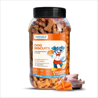 Petoska Chicken & Carrot Dog Biscuits for Small, Medium & Large Breeds | 500g Jar| Real Chicken & Carrot Treats | Crunchy Dog Food Biscuits | High Protein, Slow-Baked, Fresh & Safe