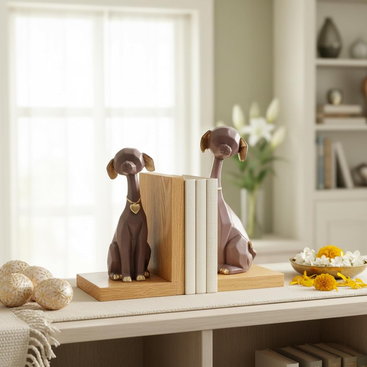 eCraftIndia Wooden Book End and Set of 2 Cute Dog Statues Animal Figurines Decorative Showpieces for Home Decor in Living Room Office