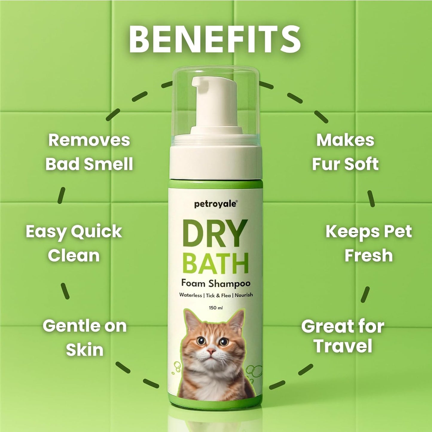 Petroyale Dry Bath Foam Shampoo for Cats - Dry Shampoo for Cats - Tick, Flea & Itch Relief - Dentangling Foam Shampoos for Quick Bath | 150ml