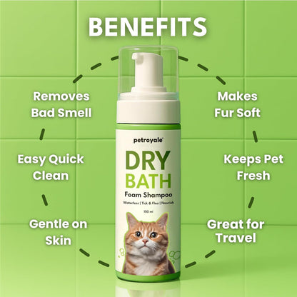 Petroyale Dry Bath Foam Shampoo for Cats - Dry Shampoo for Cats - Tick, Flea & Itch Relief - Dentangling Foam Shampoos for Quick Bath | 150ml