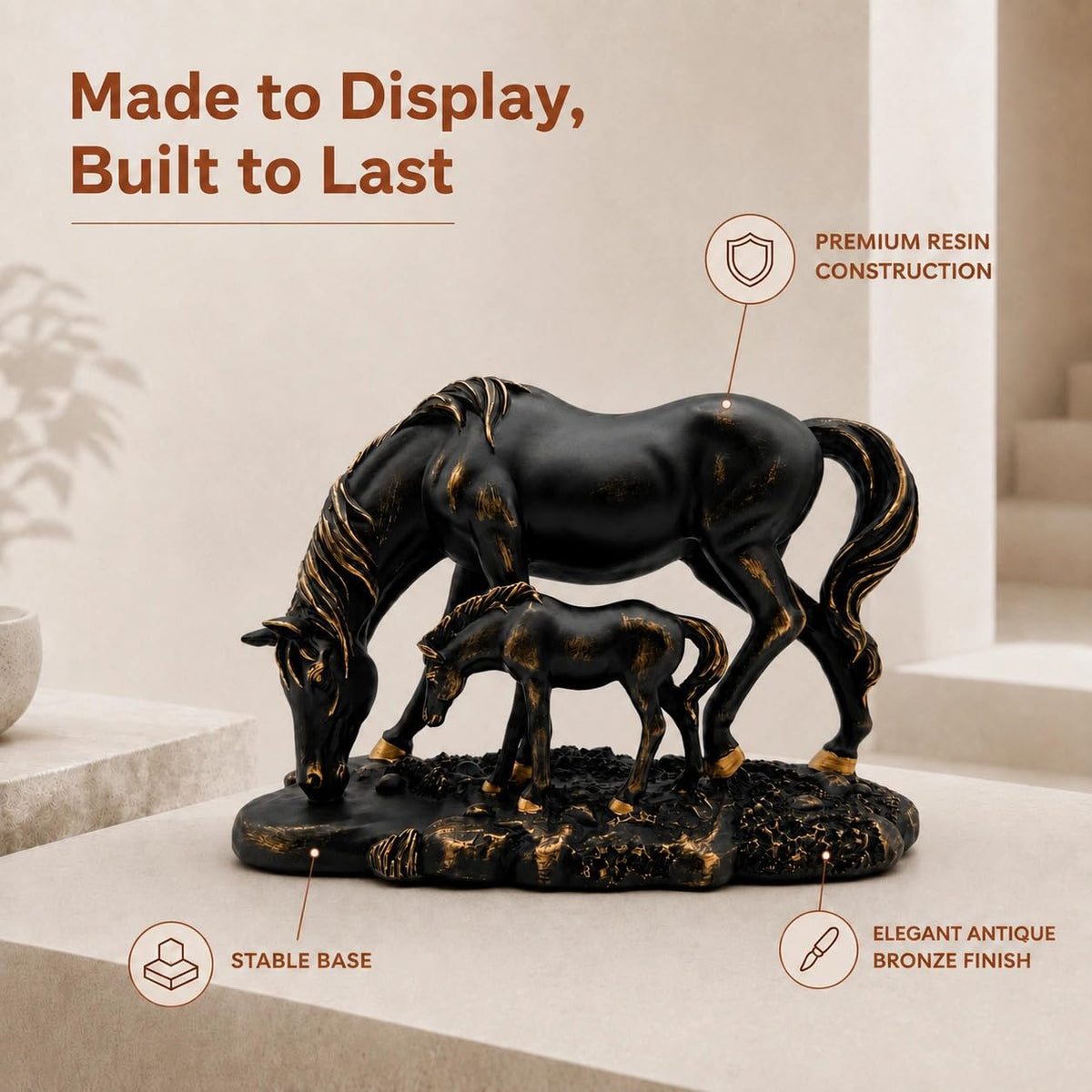 Graceful Mare & Foal Horse Sculpture Showpiece for Home & Office Décor | Nature-Inspired Decorative Figurine for Living Room, Study, Shelf & Console Table Styling - Black