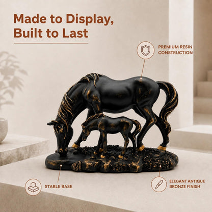 Graceful Mare & Foal Horse Sculpture Showpiece for Home & Office Décor | Nature-Inspired Decorative Figurine for Living Room, Study, Shelf & Console Table Styling - Black