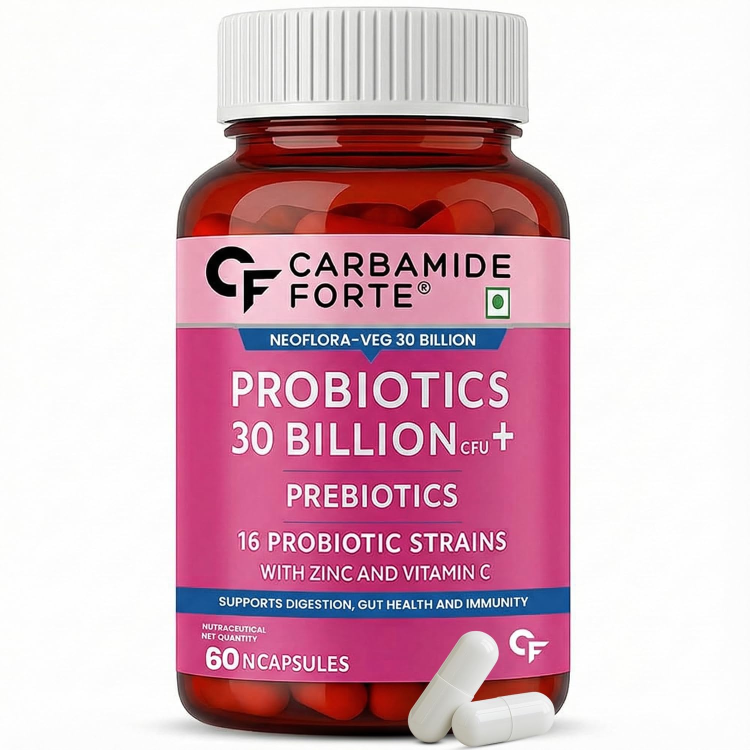 Carbamide Forte probiotics and prebiotics supplement bottle with pink label on a white background