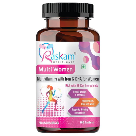 Raskam Multi Women multivitamin bottle on a white background