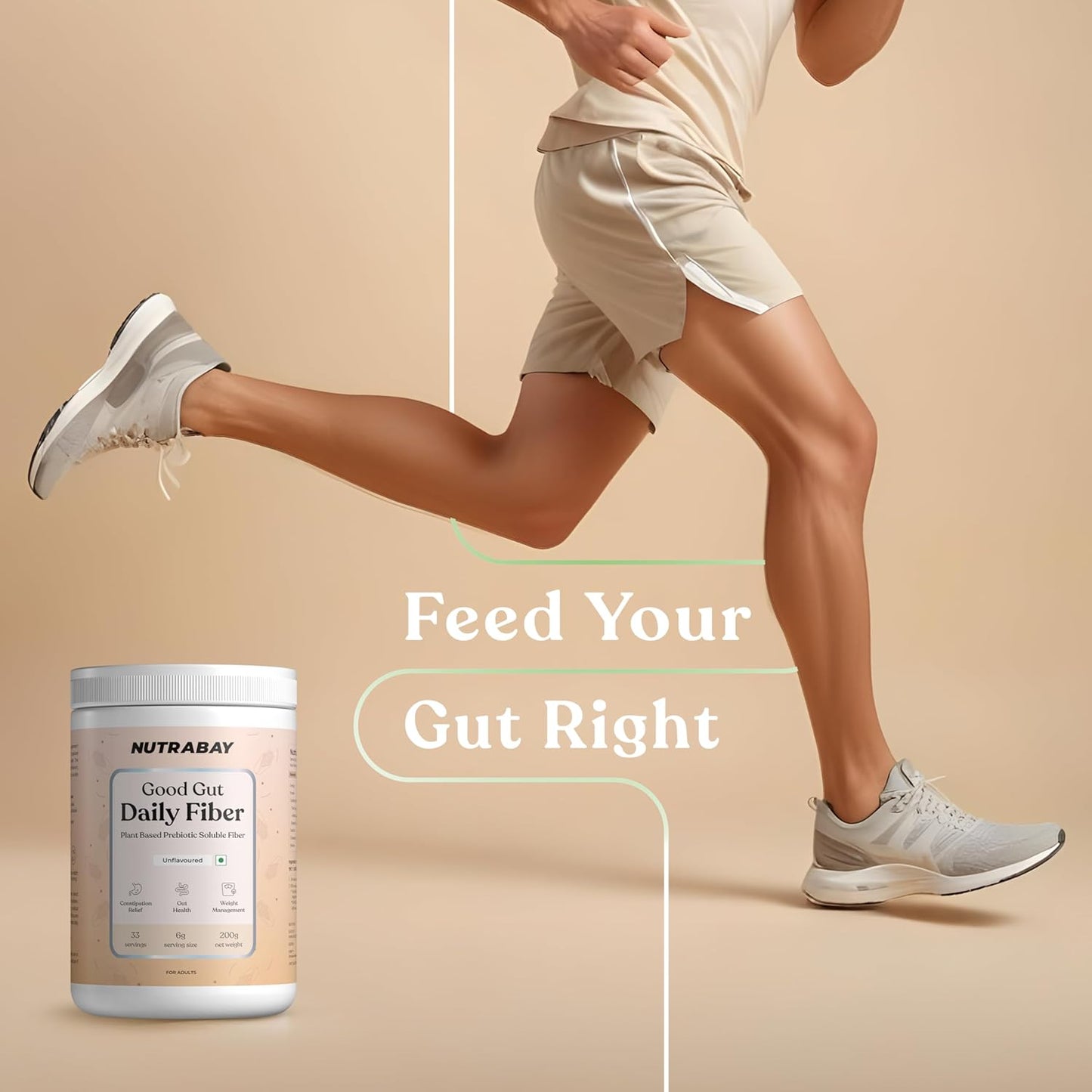 Person running with a container of Nutrabay Daily Fiber on a beige background
