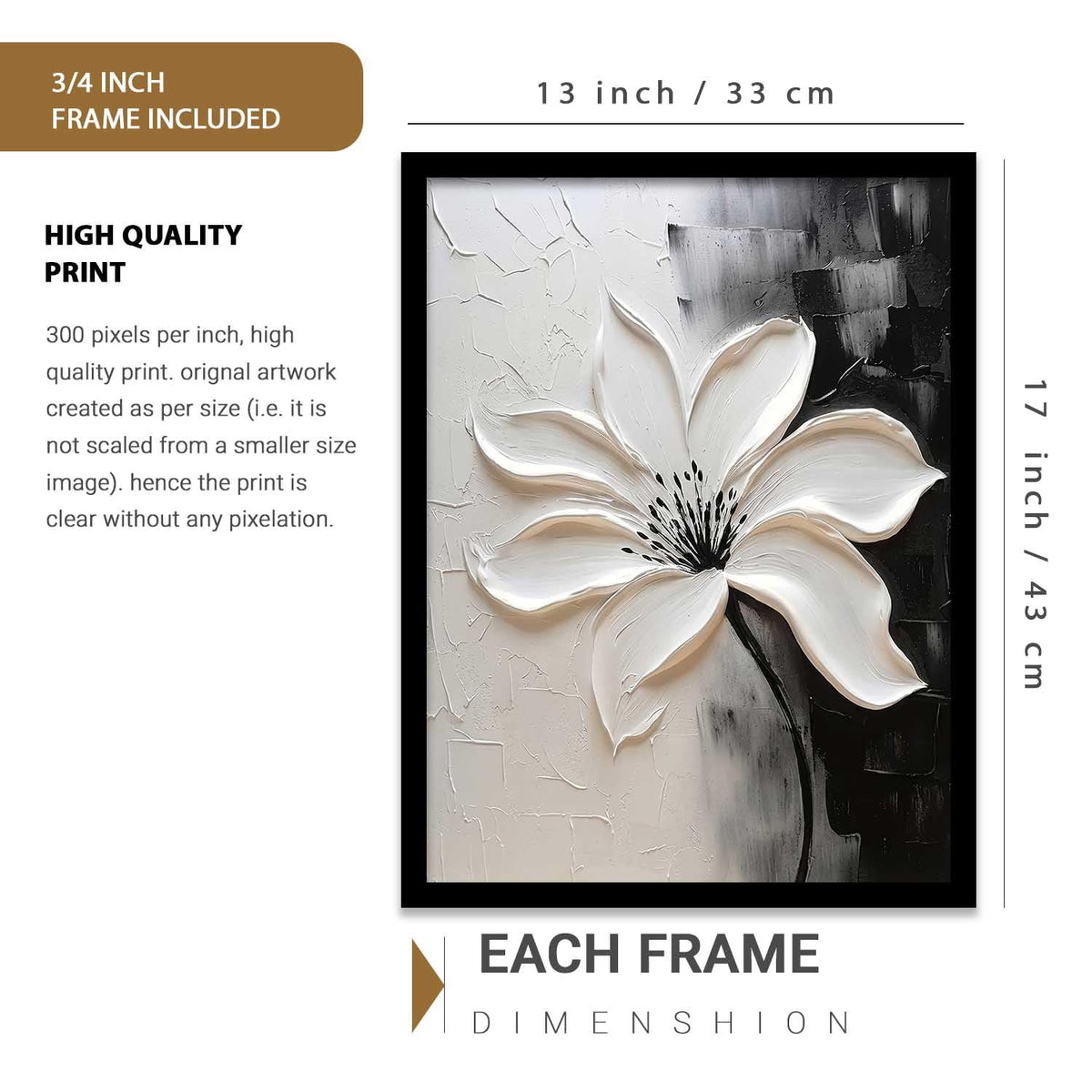 Modern Art Wall Painting Black&White flower Home Decoration With Frame For Living Room Bed Room Hotel Wall Decor Digital Reprint Engineered Wood (13X17 INCH)