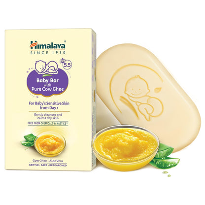 Himalaya Baby Bar with Pure Cow Ghee 75gm |ph 5.5,For baby's Sensitive skin from Day 1,Soap-free,Dermatologically Tested, Safe for newborns, Aloe vera, No dryness, No Parabens | Dermatologically Tested, Pediatrician Evaluated