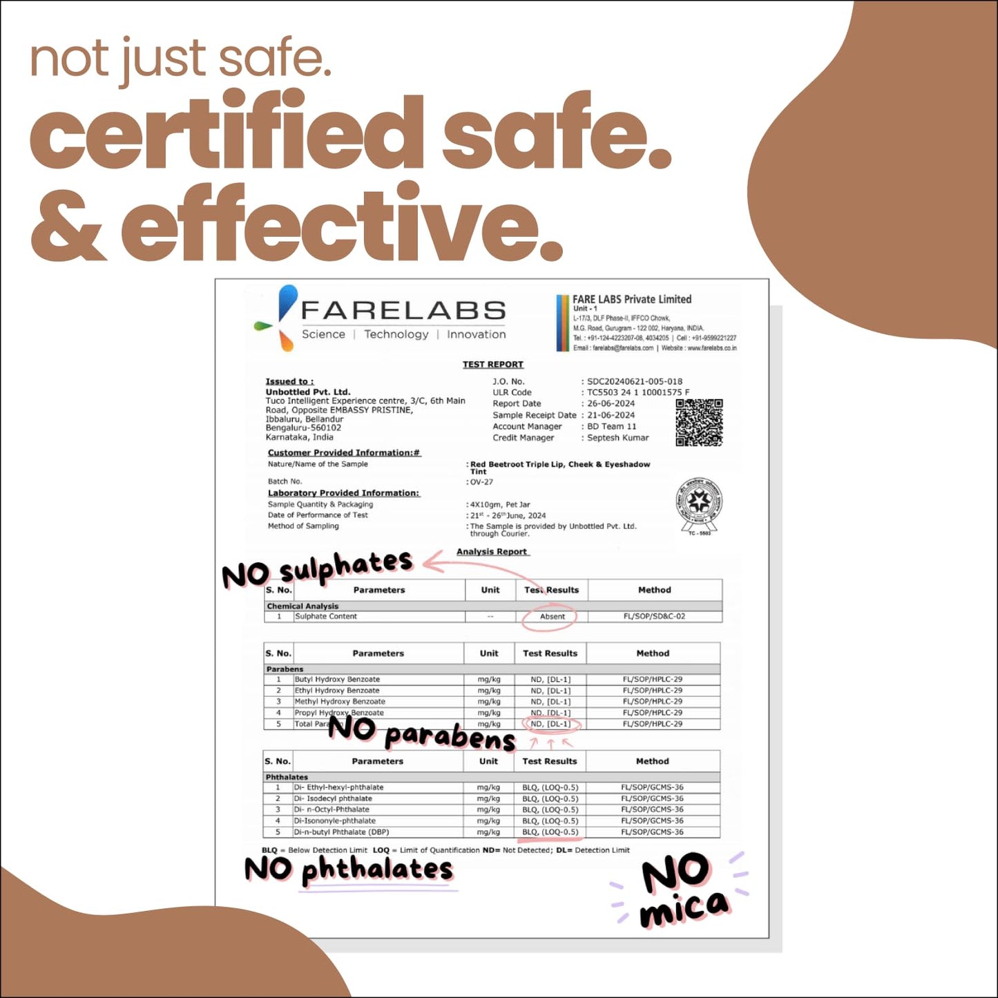 Certification label for Farelabs products with text 'not just safe, certified safe & effective' on a white background.