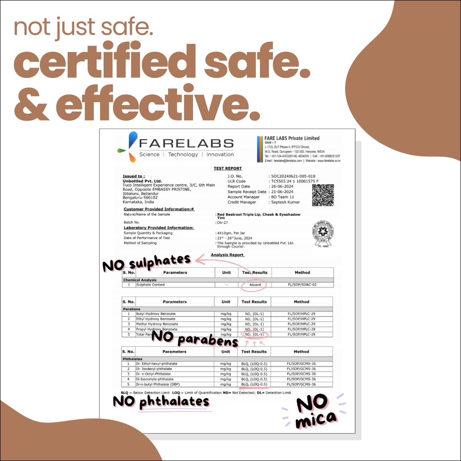 Certification label for Farelabs products with text 'not just safe, certified safe & effective' on a white background.