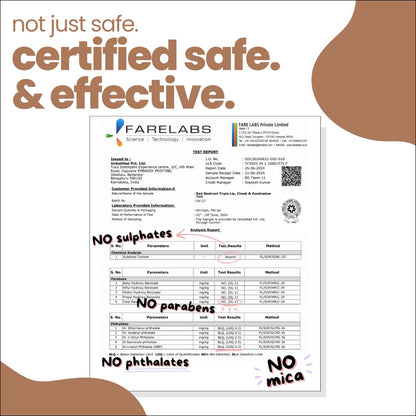 Certification label for Farelabs products with text 'not just safe, certified safe & effective' on a white background.